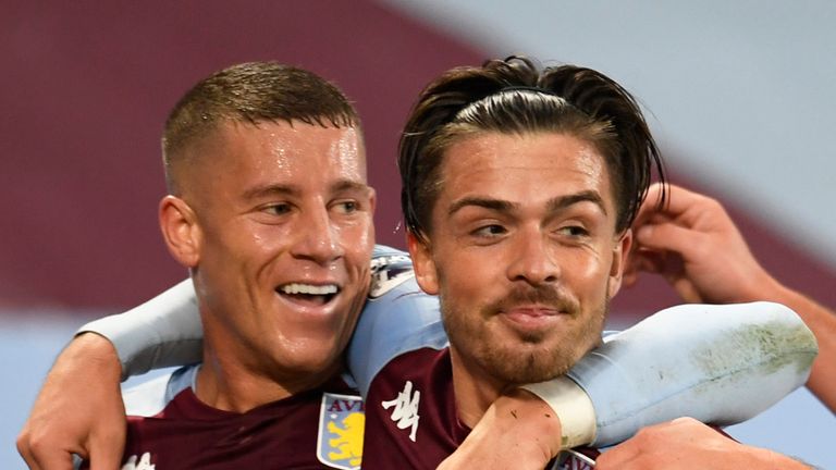 Scorer of Villa&#39;s sixth goal, Jack Grealish celebrates with Ross Barkley and John McGinn