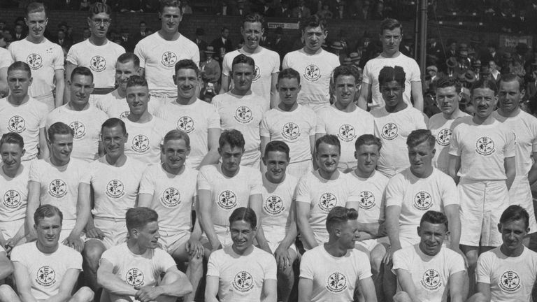 The British team at the International Relay and Team Match against Germany at Stamford Bridge, London, 24th August 1929. Fourth from the right in the third row back is British-Guianan athlete John 'Jack' London (1905 - 1966).