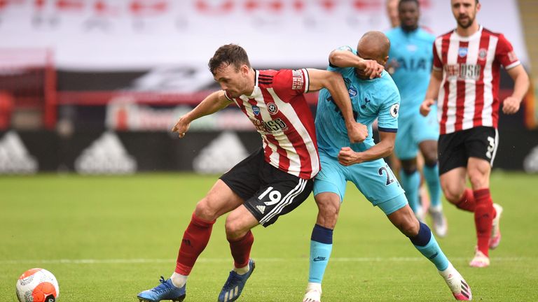 Jack Robinson holds off Lucas Moura during Sheffield United's win over Tottenham at Bramall Lane last season