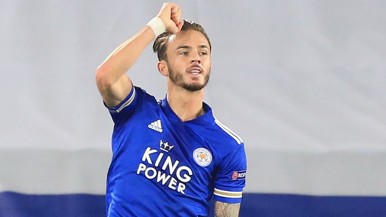 James Maddison celebrates a Leicester goal