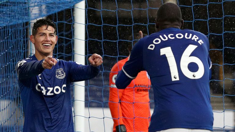 James Rodriguez celebrates his second goal with Abdoulaye Doucoure 