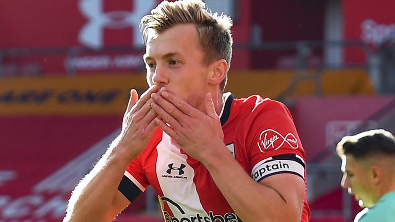 James Ward-Prowse celebrates after giving Southampton the lead against Everton