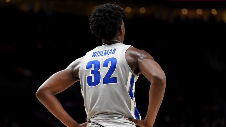 James Wiseman of the Memphis Tigers waits on the court during a timeout during the second half of the game against the Oregon Ducks 