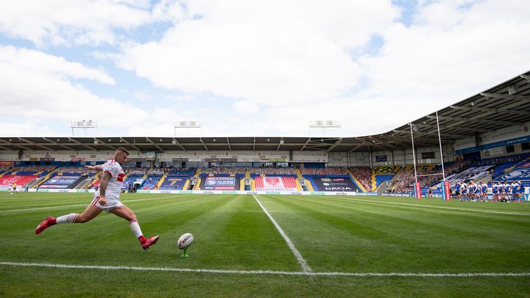 WARRINGTON, ENGLAND - AUGUST 30: A general view inside the stadium as Jamie Ellis of Hull Kingston Rovers kicks the ball during the Betfred Super League match between Hull Kingston Rovers and St Helens at The Halliwell Jones Stadium on August 30, 2020 in Warrington, England. (Photo by George Wood/Getty Images)