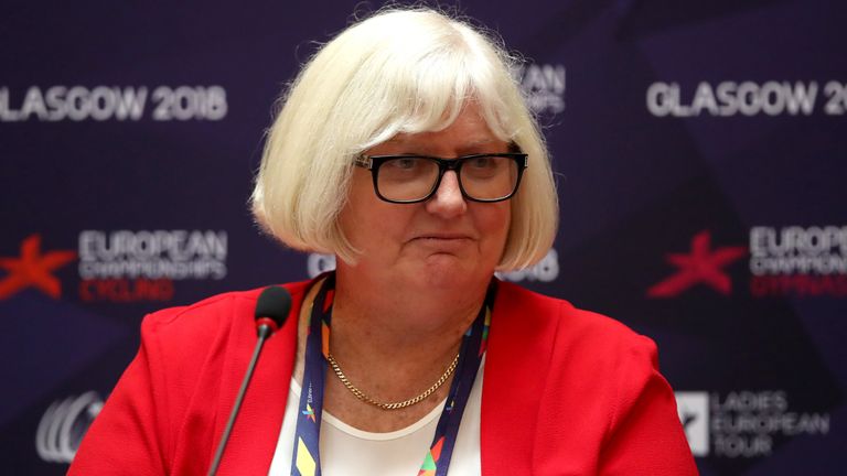 Jane Allen, CEO of British Gymnastics speaks during the Glasgow 2018 European Championships Press Conferenceon on Day One of the European Championships Glasgow 2018 at Glasgow City Chambers on August 2, 2018 in Glasgow, Scotland.