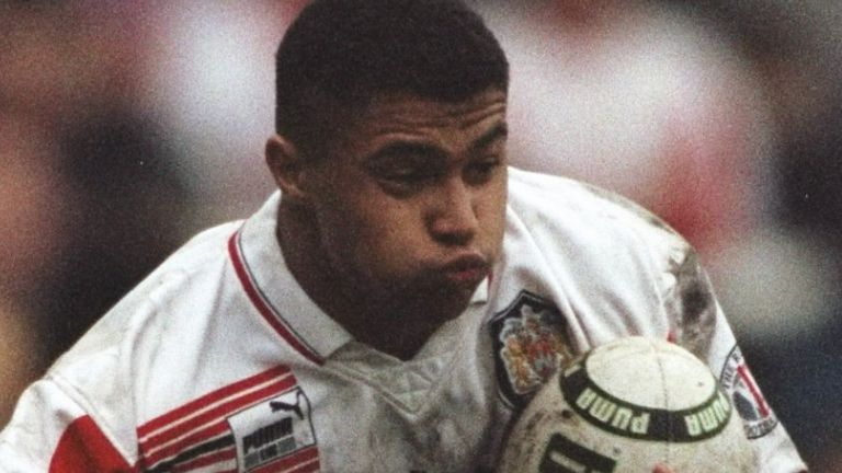 15 Jan 1995: Jason Robinson of Wigan is tackled during the Regal Trophy semi-final against Castleford at Central Park in Wigan, England. Wigan won the match 34-6. \ Mandatory Credit: Anton Want/Allsport
