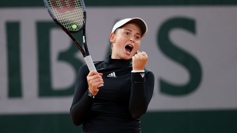 Jelena Ostapenko of Latvia celebrates after winning match point during her Women's Singles second round match against Karolina Pliskova of Czech Republic on day five of the 2020 French Open at Roland Garros on October 01, 2020 in Paris, France