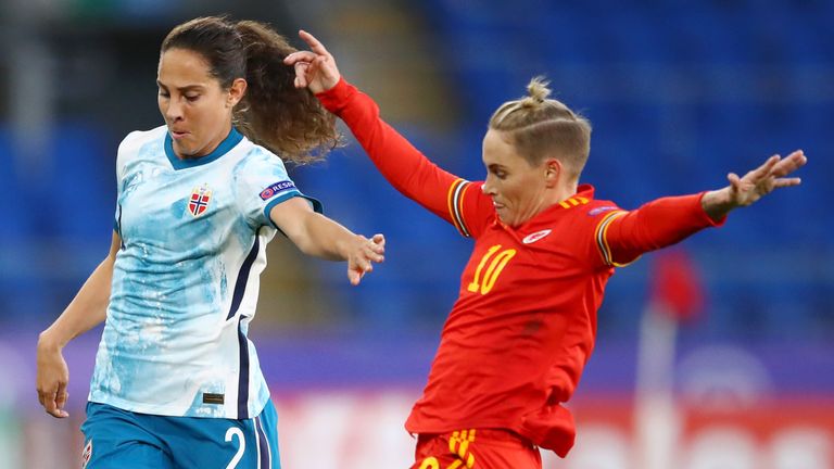 Jess Fishlock battles Ingrid Wold during Wales' Euro 2022 qualifying defeat to Norway