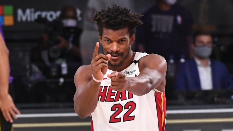 Jimmy Butler of the Miami Heat reacts during Game Five of the NBA Finals