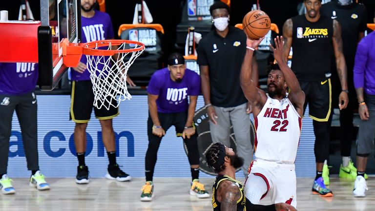 Jimmy Butler of the Miami Heat shoots the ball against the Los Angeles Lakers during Game Five of the NBA Finals