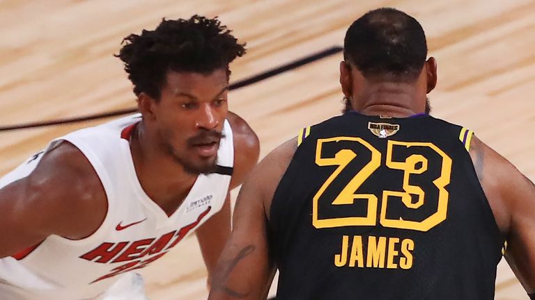 Jimmy Butler guards LeBron James in Game 5 of the NBA Finals