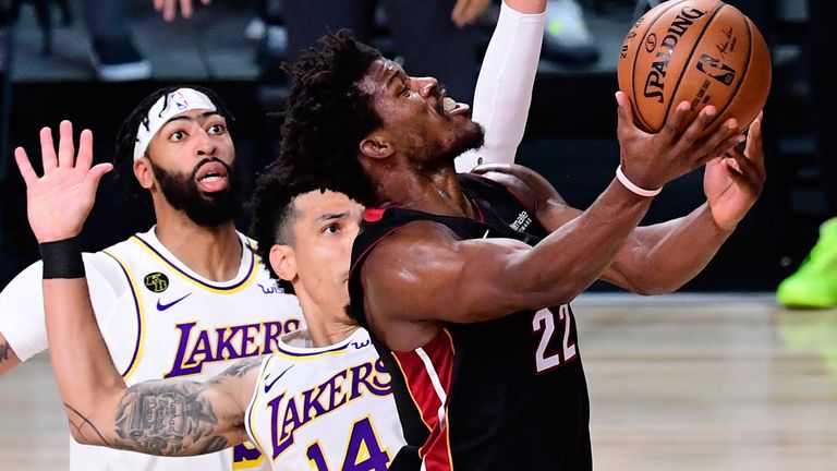 Jimmy Butler attacks the basket against the Los Angeles Lakers in Game 3 of the NBA Finals