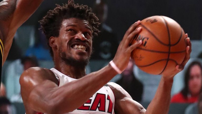 Jimmy Butler attacks the basket in Miami's Game 5 win over the Lakers