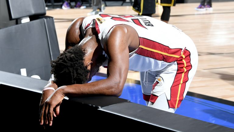 A fatigued Butler catches his breath after being fouled late in the fourth quarter of Game 5 of the NBA Finals