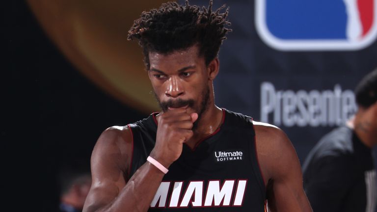 Jimmy Butler shows concern during  the Miami Heat's Game 6 loss to the Los Angeles Lakers