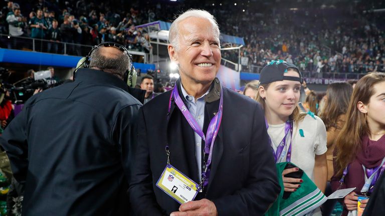 Former Vice President Joe Biden looks on during the celebrations after the Philadelphia Eagles win over the New England Patriots in Super Bowl LII at U.S. Bank Stadium on February 4, 2018 in Minneapolis, Minnesota. The Philadelphia Eagles defeated the New England Patriots 41-33.