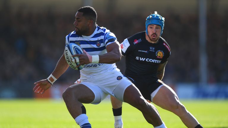 Joe Cokanasiga in action for Bath against Exeter's Jack Nowell who will not play on Saturday