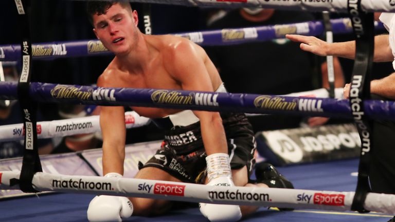 HANDOUT PICTURE COMPLIMENTS OF MATCHROOM BOXING.Joe Laws vs Rylan Charlton, Super-Lightweight..17 October 2020.Picture By Mark Robinson..Joe Laws counted out. 