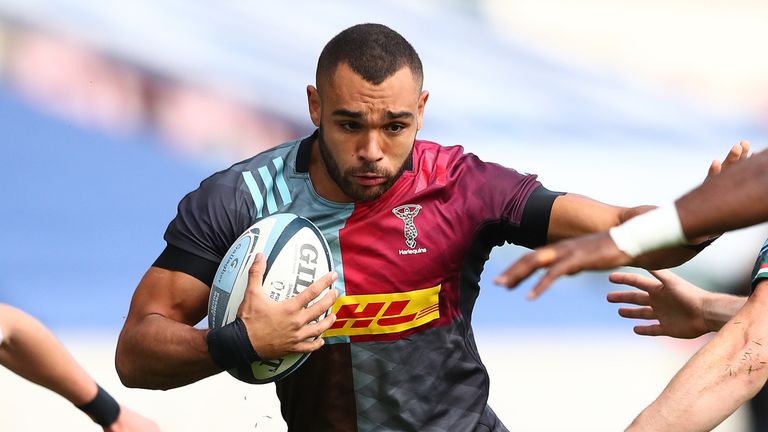 LEICESTER, ENGLAND - OCTOBER 04: Joe Marchant of Harlequins looks to break through the Leicester Tigers defence during the Gallagher Premiership Rugby match between Leicester Tigers and Harlequins at on October 04, 2020 in Leicester, England. (Photo by Matthew Lewis/Getty Images)