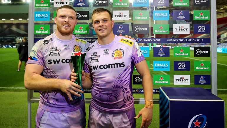 Exeter&#39;s Joe Simmonds is awarded the Heineken Champions Cup Star of the Match Award by his brother Sam Simmonds 