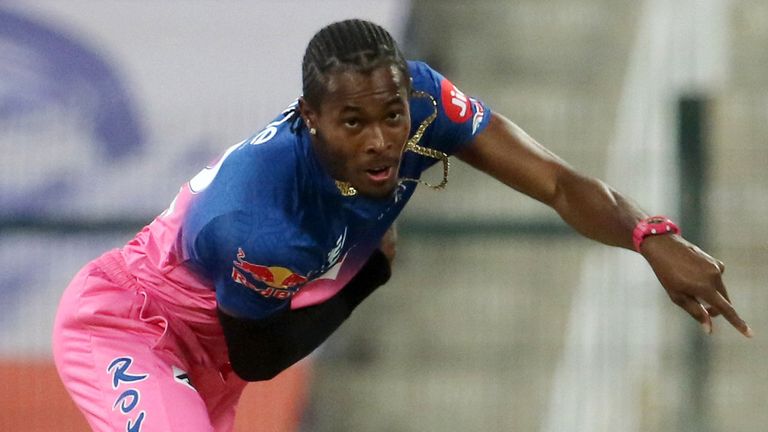 Jofra Archer of Rajasthan Royals bowls during match 37 of season 13 of the Dream 11 Indian Premier League (IPL) between the Chennai Super Kings and the Rajasthan Royals at the Sheikh Zayed Stadium, Abu Dhabi  in the United Arab Emirates on the 19th October 2020.  Photo by: Vipin Pawar  / Sportzpics for BCCI 