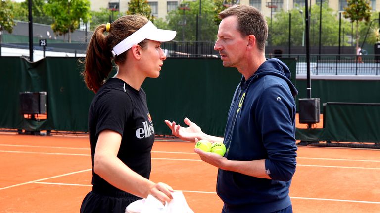 Johanna Konta of Great Britain trains with coach Dimitri Zavialoff during Day twelve of the 2019 French Open at Roland Garros on June 06, 2019 in Paris, France.