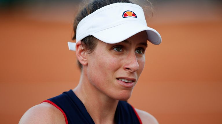 Johanna Konta of Great Britain looks on in her round two match against Irina-Camelia Begu of Romania during day four of the Internazionali BNL d'Italia at Foro Italico on September 17, 2020 in Rome, Italy. 