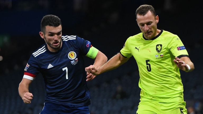 Czech Republic's defender Vladimir Coufal (R) takes on Scotland midfielder John McGinn