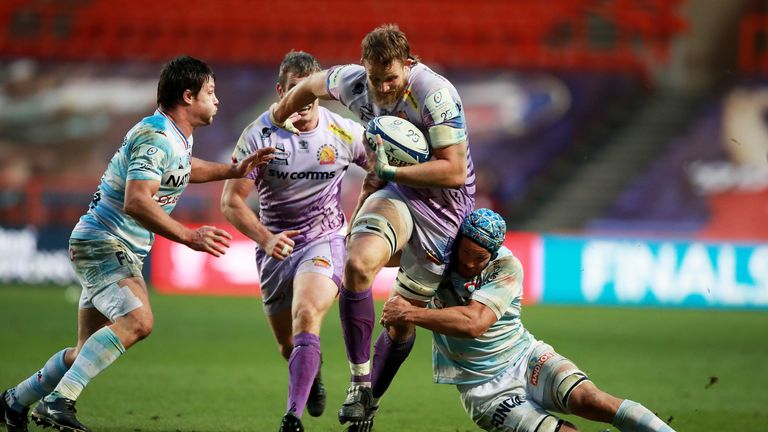 Jonny Hill on the charge for Exeter