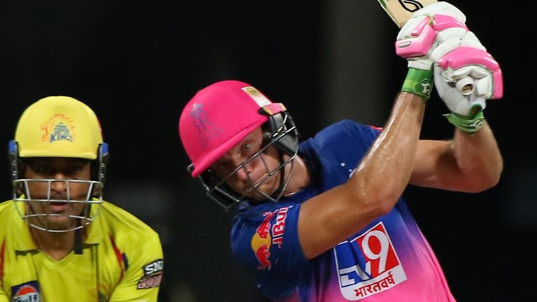 Jos Buttler of Rajasthan Royals plays a shot during match 37 of season 13 of the Dream 11 Indian Premier League (IPL) between the Chennai Super Kings and the Rajasthan Royals at the Sheikh Zayed Stadium, Abu Dhabi  in the United Arab Emirates on the 19th October 2020.  Photo by: Pankaj Nangia  / Sportzpics for BCCI 