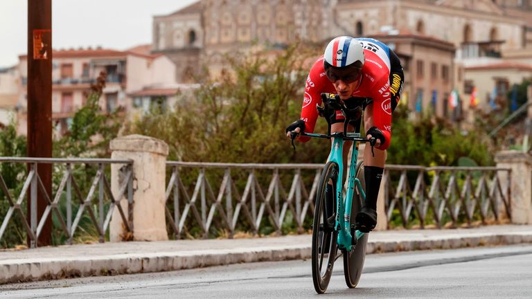 Team Jumbo rider Netherlands' Jos van Emden rides past the Santa Maria Nuova cathedral of Monreale during the first stage of the Giro d'Italia 2020 cycling race, a 15.1-kilometer individual time trial between Monreale and Palermo. (Photo by Luca Bettini / AFP) (Photo by LUCA BETTINI/AFP via Getty Images)