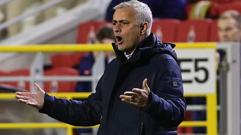 Jose Mourinho during Tottenham&#39;s match at Royal Antwerp