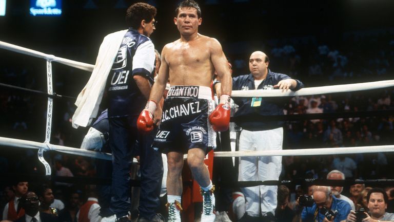 Julio Cesar Chavez looks on from his corner during the WBC Welterweight Title fight against Terrence Alli on May 8, 1993 at the Thomas & Mack Center in Paradise, Navada