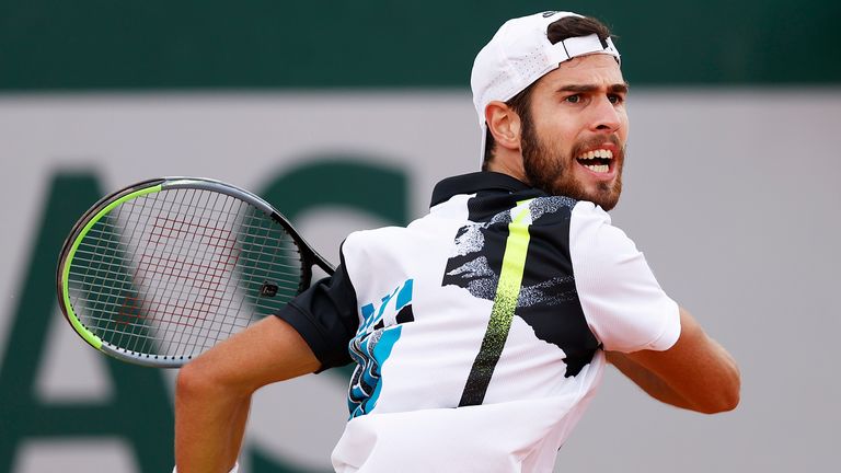 Karen Khachanov of Russia plays a forehand during his Men's Singles second round match against Jiri Vesely of Chile on day five of the 2020 French Open at Roland Garros on October 01, 2020 in Paris, France.