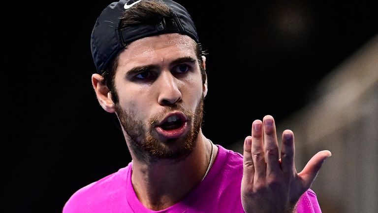 Russian Karen Khachanov looks dejected during the match between British Evans and Russian Khachanov, in the quarter final round of the men's singles competition at the European Open Tennis ATP tournament, in Antwerp, Friday 23 October 2020. 
