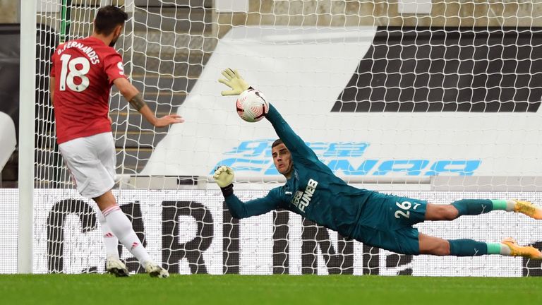 Karl Darlow saves Bruno Fernandes' penalty