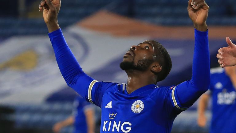 Kelechi Iheanacho celebrates his strike as Leicester made it 3-0 over Zorya