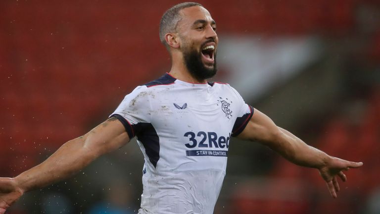 Kemar Roofe celebrates making it 2-0 during the UEFA Europa League match between Standard Liege and Rangers