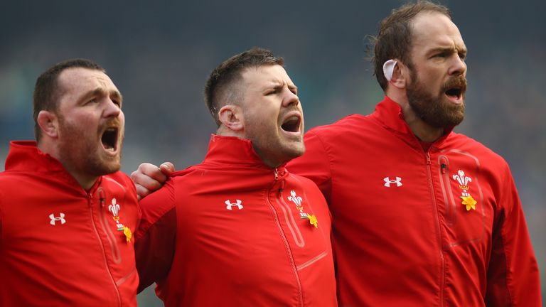 Ken Owens, Rob Evans and Alun Wyn Jones of Wales sing the anthem prior to the NatWest Six Nations match between Ireland and Wales at Aviva Stadium on February 24, 2018 in Dublin, Ireland. (Photo by Julian Finney/Getty Images)