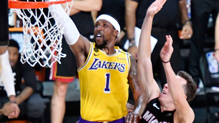 Kentavious Caldwell-Pope beats Duncan Robinson to score a decisive basket in Game 4 of the NBA Finals