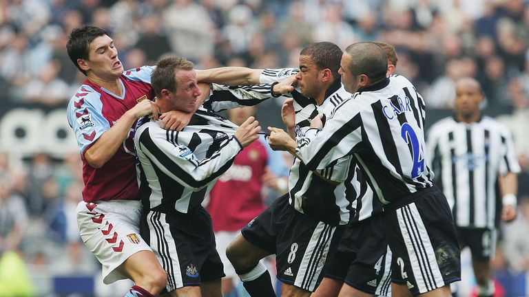 Lee Bowyer and Kieron Dyer of Newcastle come to blows during the FA Barclays Premiership match between Newcastle United and Aston Villa at St James Park on April 2, 2005 in Newcastle, England