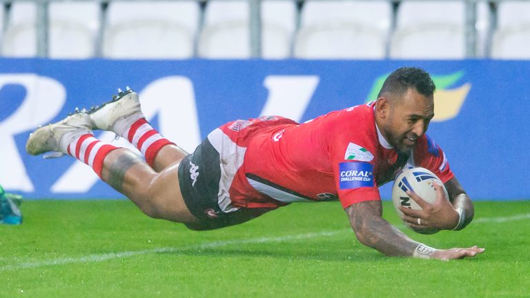 Picture by Allan McKenzie/SWpix.com - 03/10/2020 - Rugby League - Coral Challenge Cup Semi Final - Salford Red Devils v Warrington Wolves - The Totally Wicked Stadium, Langtree Park, St Helens, England - Salford's Krisnan Inu scores a try against Warrington.