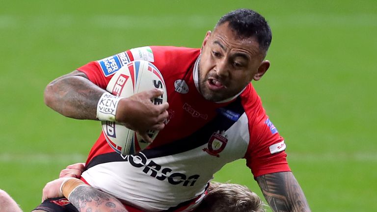 Salford Red Devils v St Helens - Betfred Super League - Emerald Headingley Stadium
Salford Red Devils� Krisnan Inu is tackled by St Helens� Tom Nisbet during the Betfred Super League match at the Emerald Headingley Stadium, Leeds.