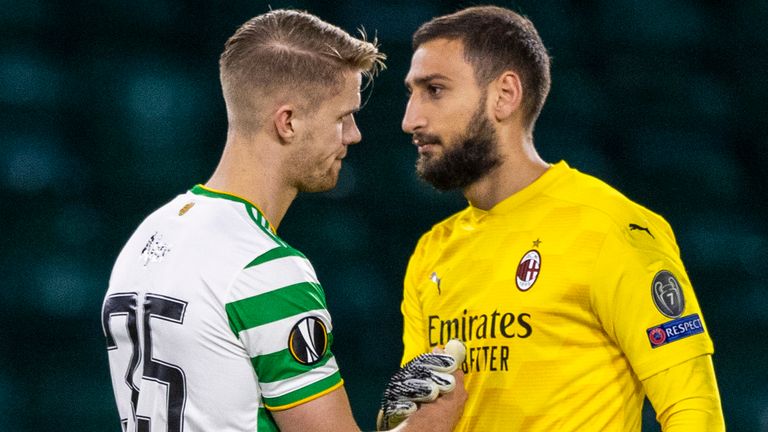 Celtic's Kristoffer Ajer (left) with AC Milan's Gianluigi Donnarumma during the UEFA Europa League match