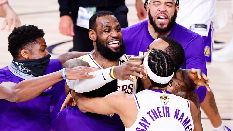 LeBron James celebrates winning the 2020 NBA title