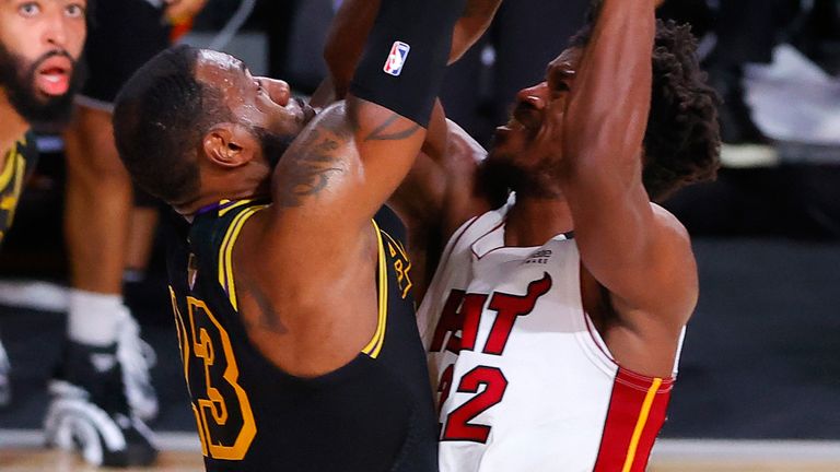 LeBron James rises to deny Jimmy Butler at the rim in Game 2 of the NBA Finals