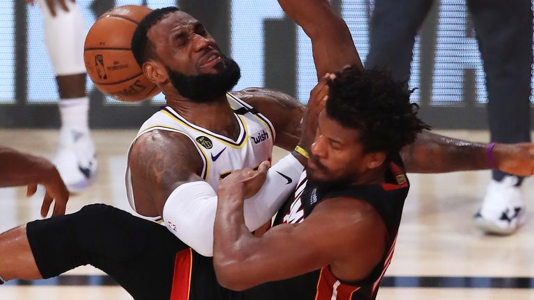 LeBron James and Jimmy Butler collide during Game 6 of the NBA Finals