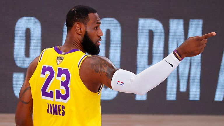 LeBron James of the Los Angeles Lakers reacts during the second quarter against the Miami Heat in Game Four of the 2020 NBA Finals