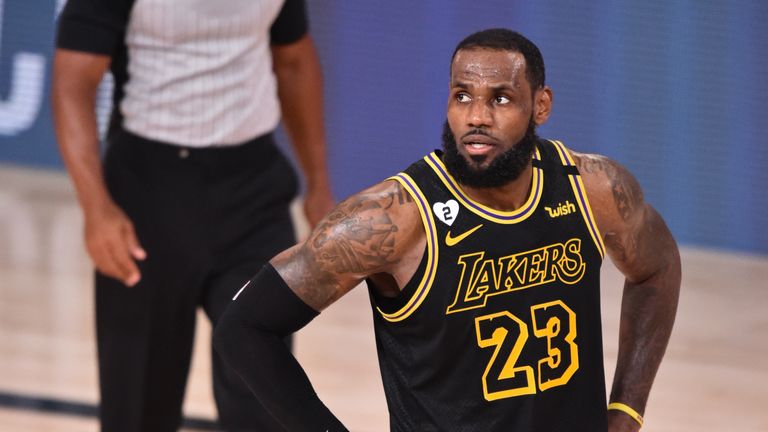 LeBron James of the Los Angeles Lakers looks on against the Miami Heat during Game Five of the NBA Finals