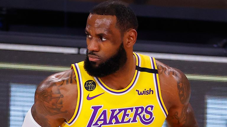 LeBron James in action during the Lakers ' Game 1 win over the Heat in the NBA Finals